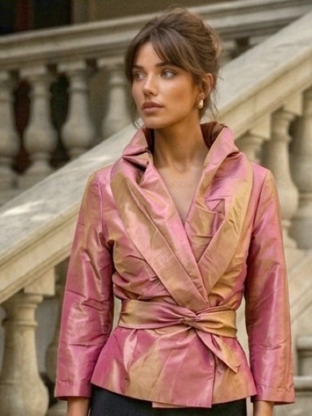 MaxMara Iridescent Rose Gold Silk Blend Taffeta Wrap Jacket Portrait Collar 4